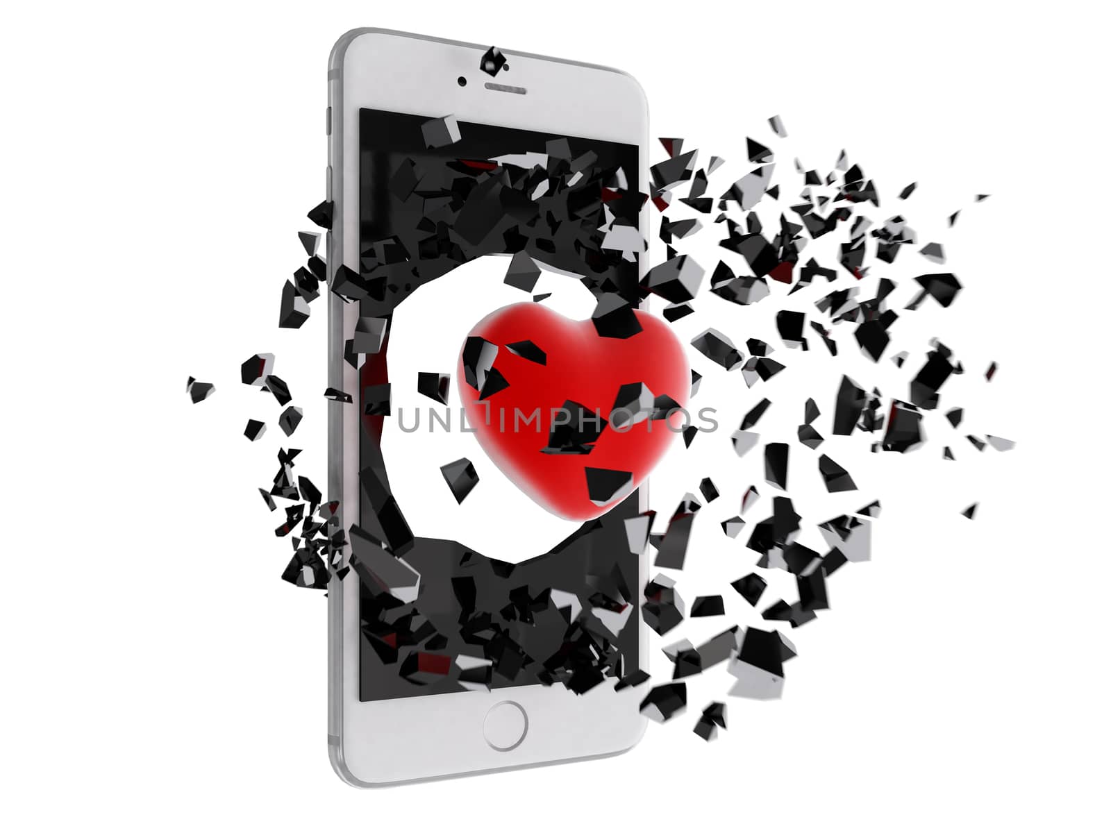 Red heart burst out of the smartphone. by teerawit