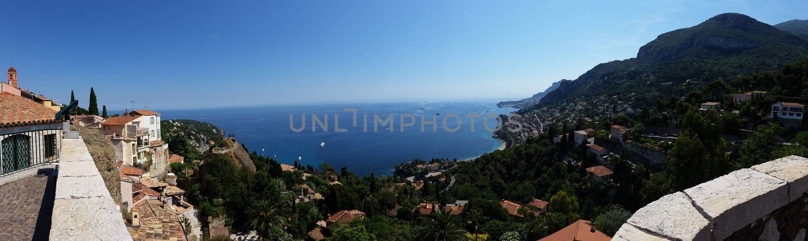 View on Azure coast in Roquebrune Cap Martin. The old village, the cape and the bay of Roquebrune