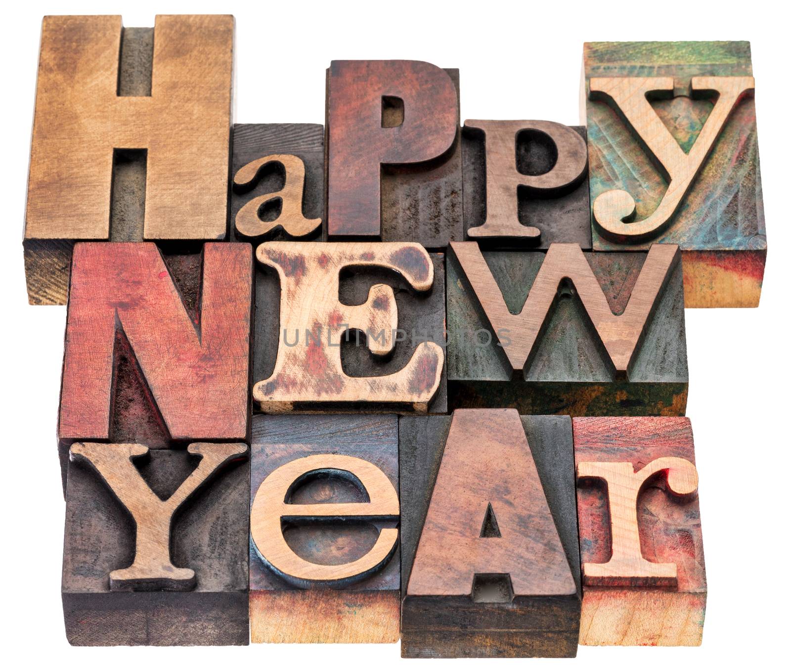 Happy New Year greeting card - isolated text in mixed vintage letterpress wood type blocks