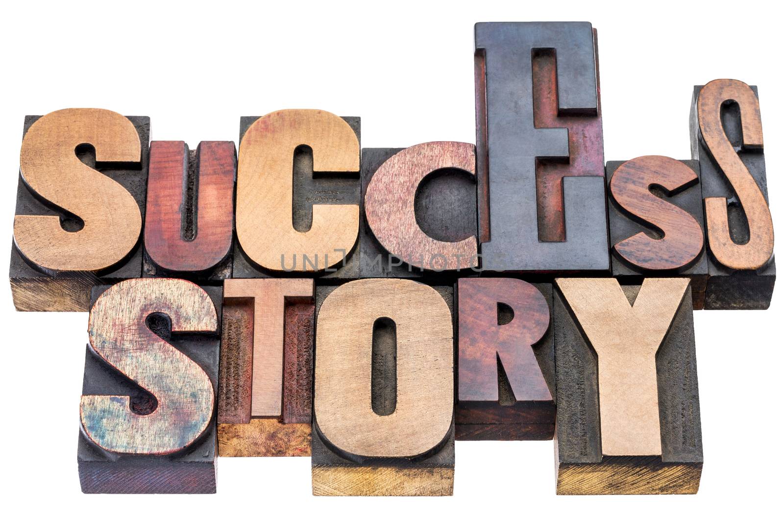 success story word abstract - isolated text in vintage letterpress wood type blocks