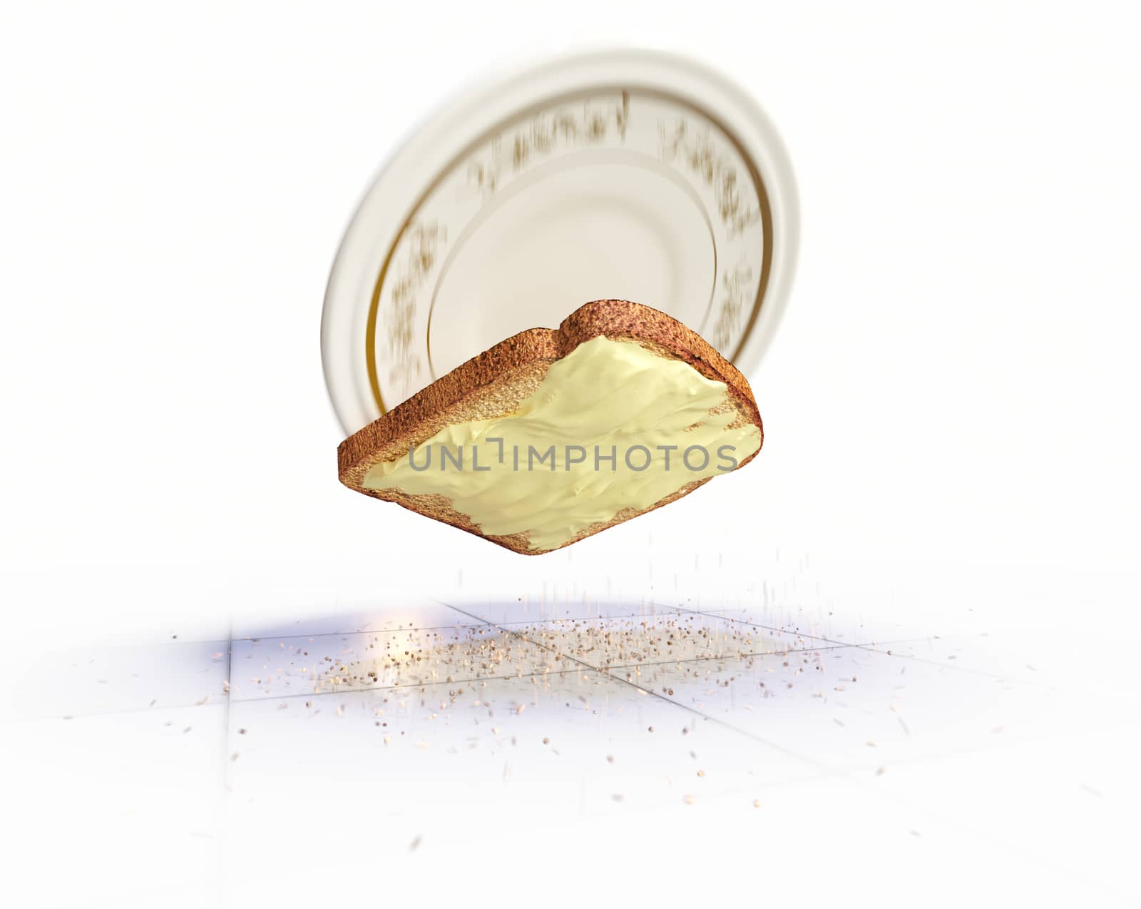 Bread and butter falling on the floor concept isolate background by denisgo