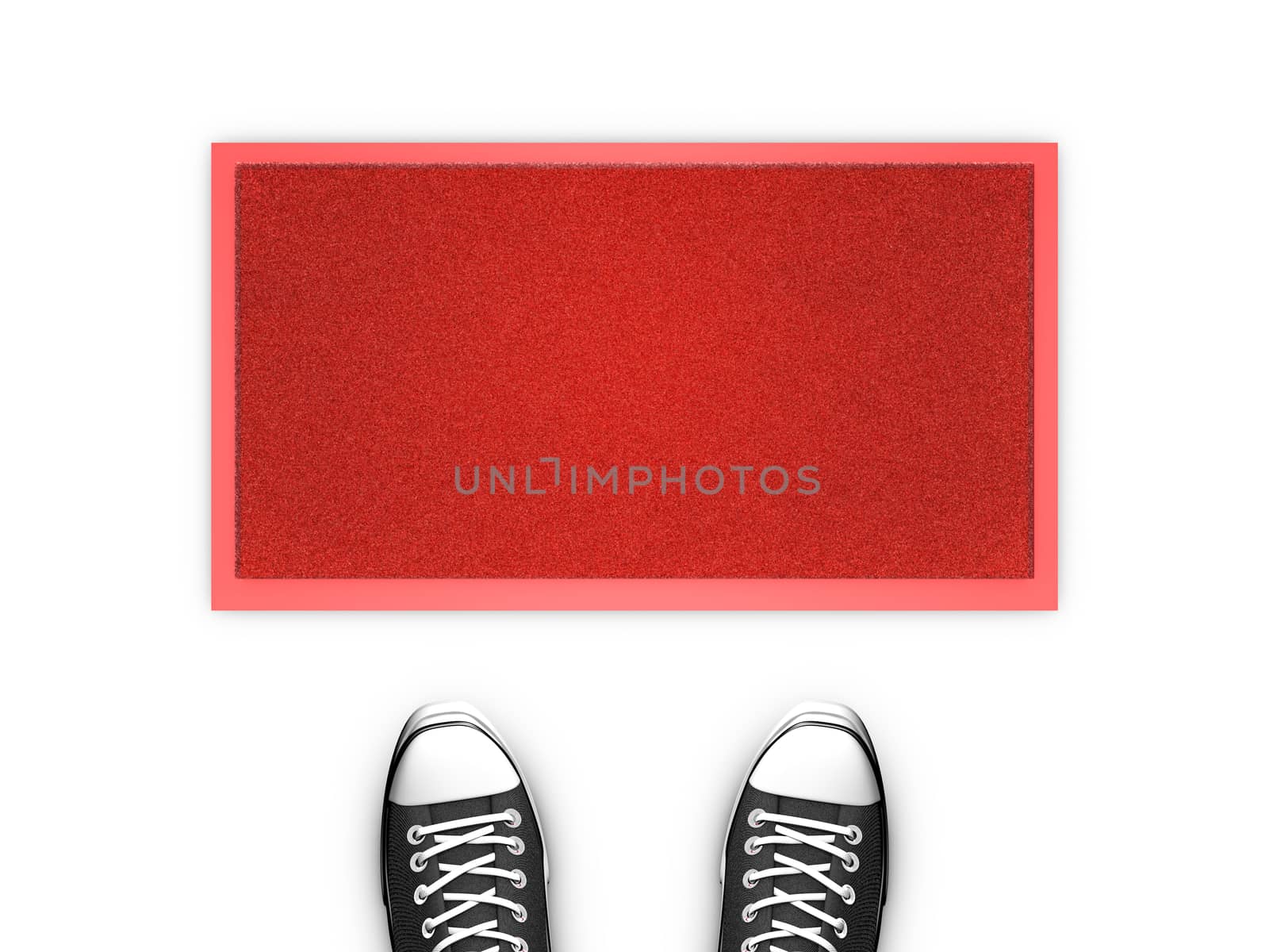 Concept illustration showing shoes in front of a red door map. Copy space available.