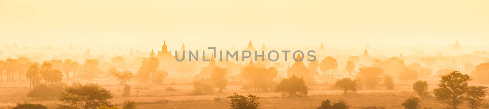 Temples of Bagan an ancient city located in the Mandalay Region of Burma, Myanmar, Asia. yellow toned. Thumbnail format. Vertical panoramic composition.