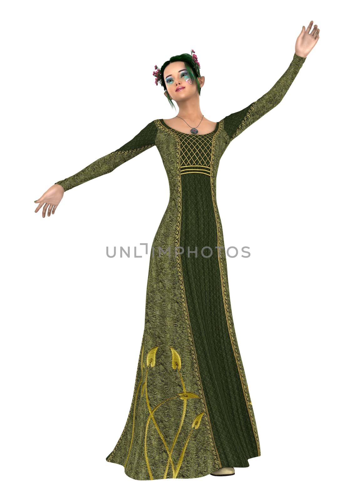 3D digital render of a beautiful princess of spring isolated on white background