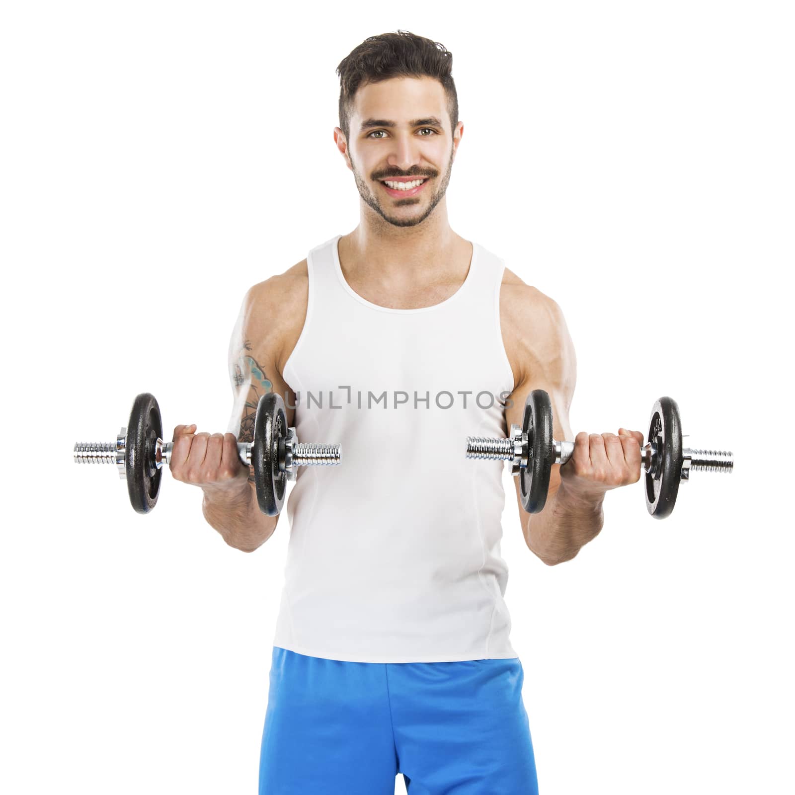 Portrait of a muscular man lifting weights, isolated over a white background