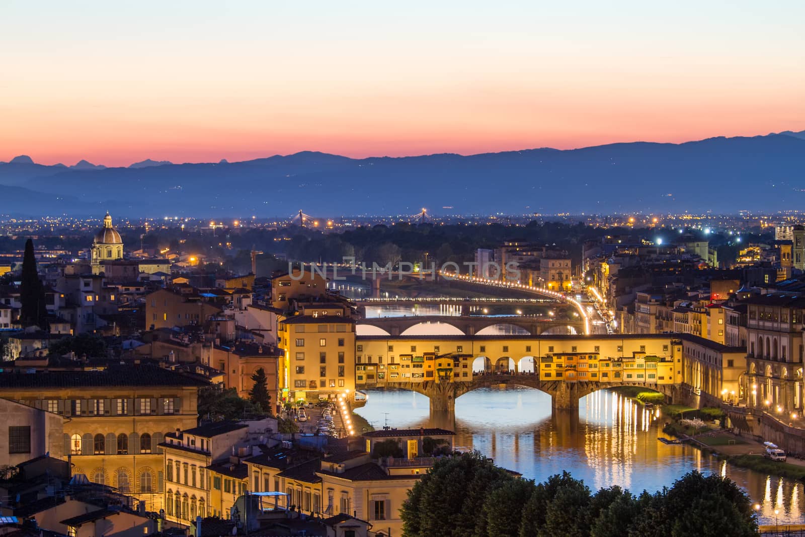 Florence, Arno River and Ponte Vecchio after sunset, Italy by fisfra