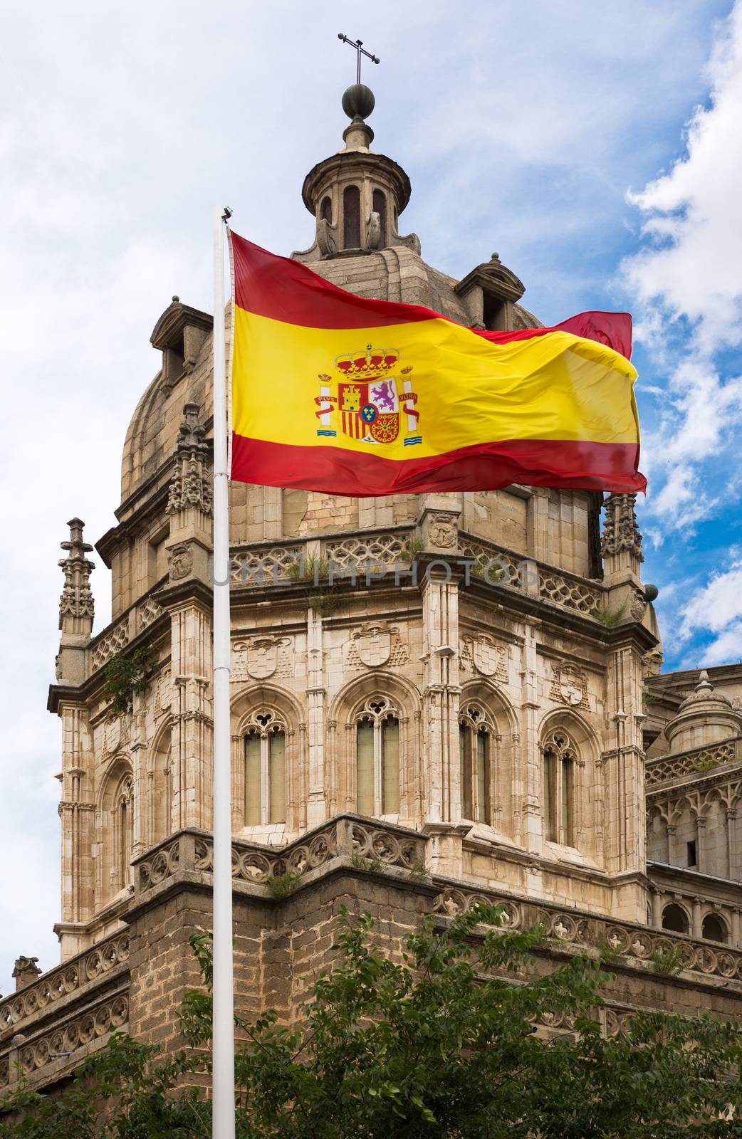 Toledo Cathedral with Spanish flag