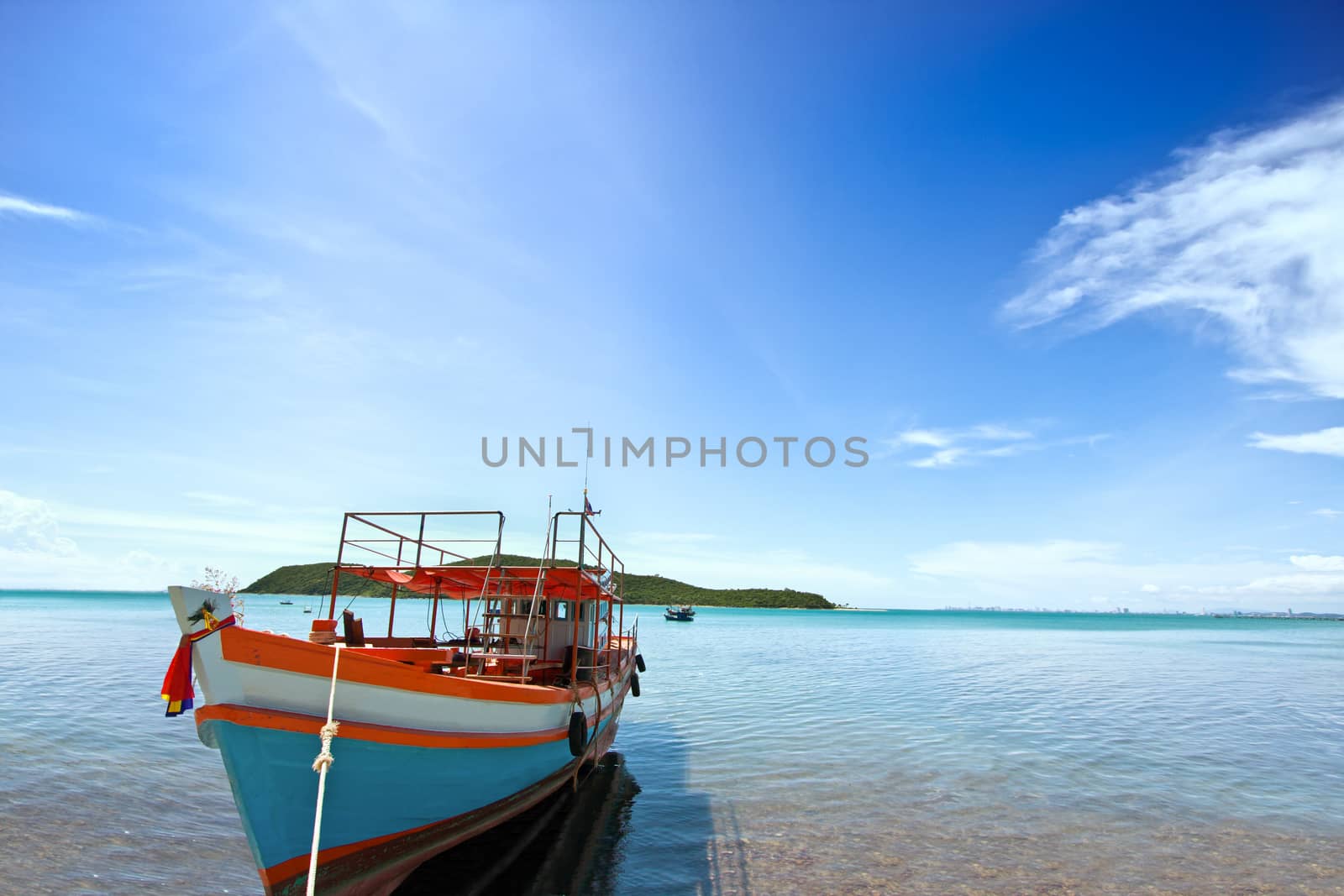 Fishing boat with blue sky at gulf of Thailand