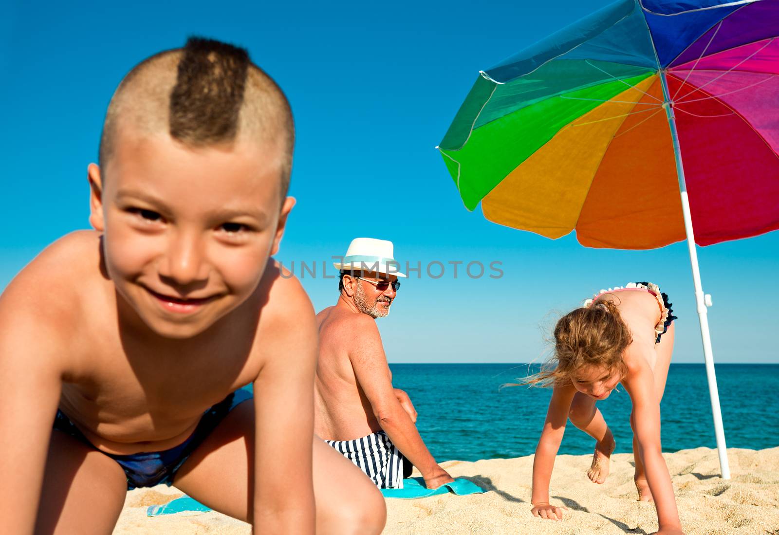 vacation sea fun grandfather children by vilevi