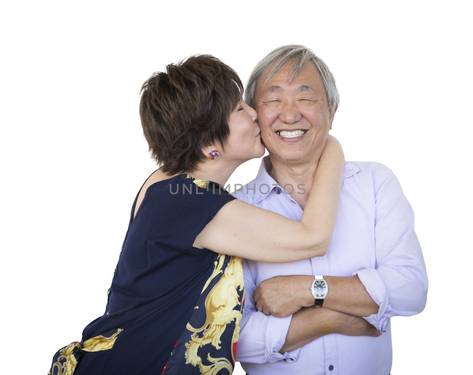 Attractive Affectionate Senior Chinese Couple Isolated on a White Background.