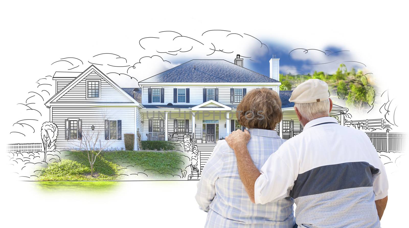 Curious Embracing Senior Couple Looking At  House Drawing and Photo Combination on White.