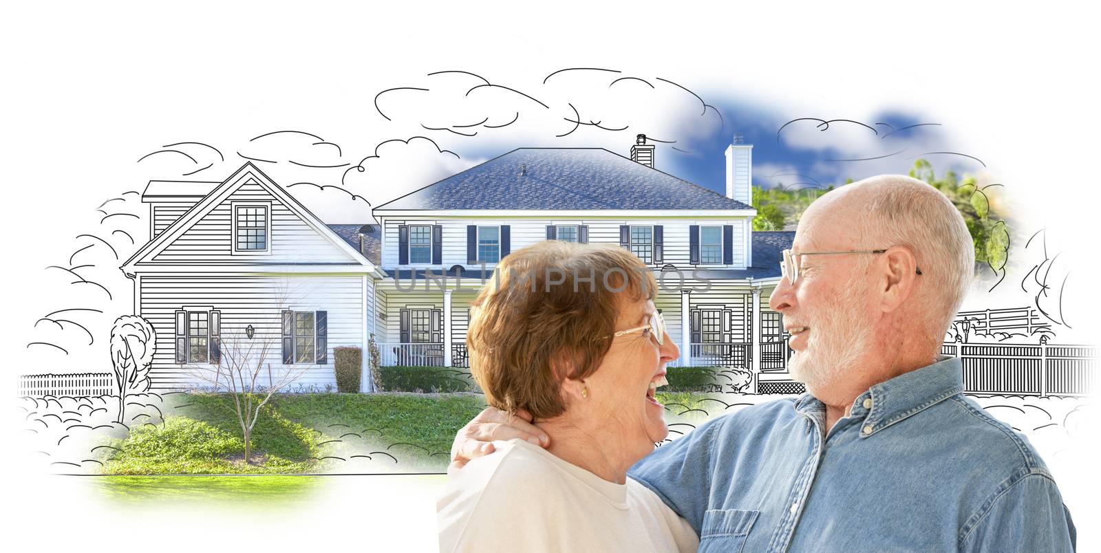 Happy Senior Couple Over House Drawing and Photo Combination on White.