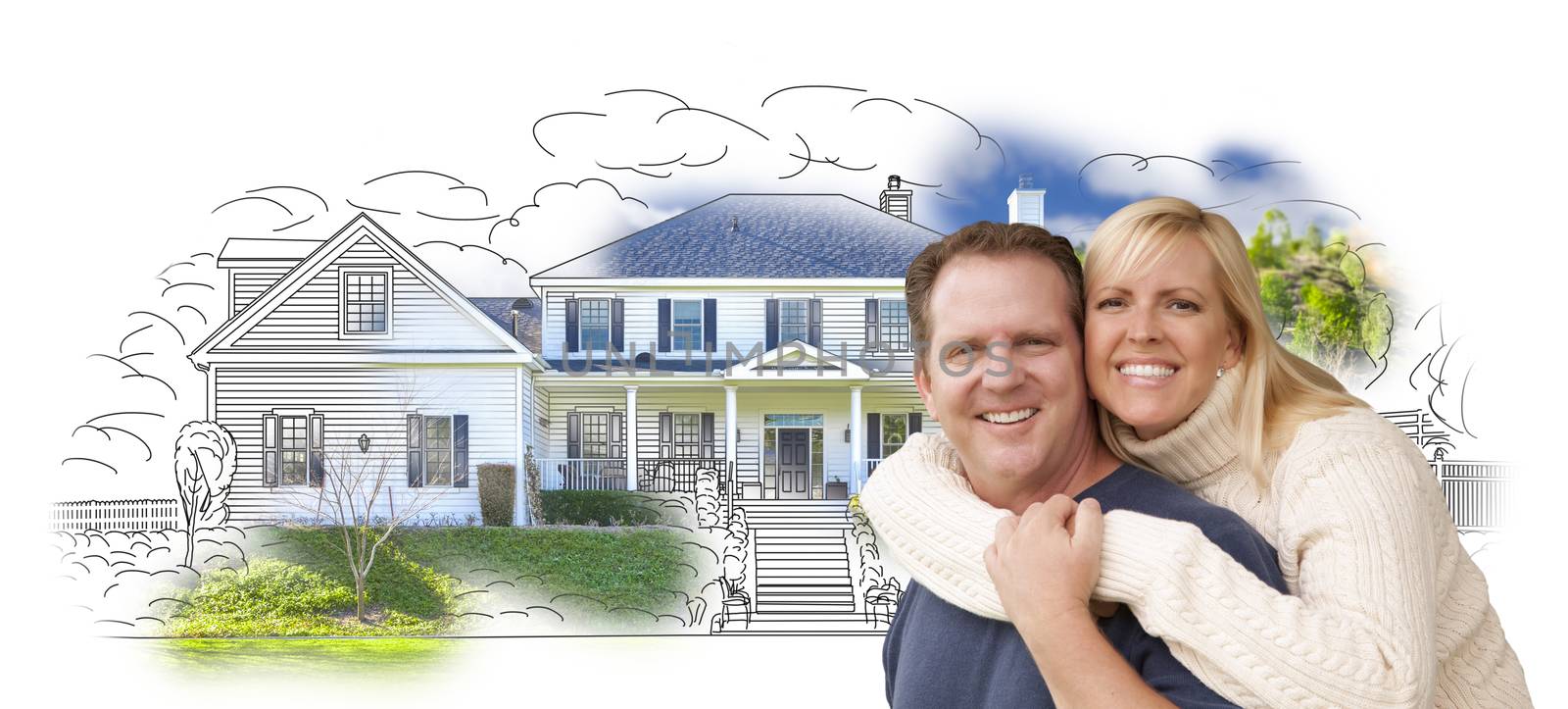 Happy Hugging Couple Over House Drawing and Photo Combination on White.