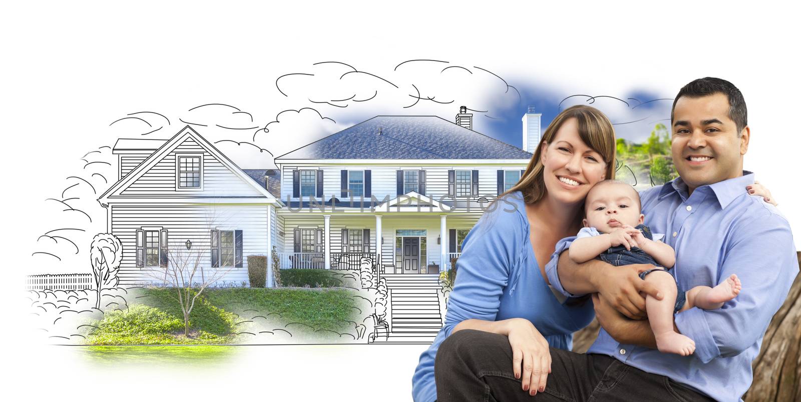 Mixed Race Couple with Baby Over House Drawing and Photo Combination on White.