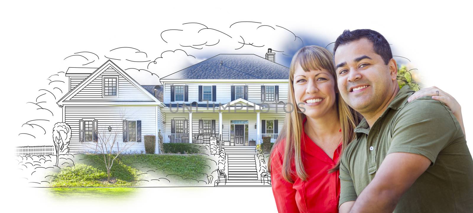 Mixed Race Couple Over House Drawing and Photo Combination on White.