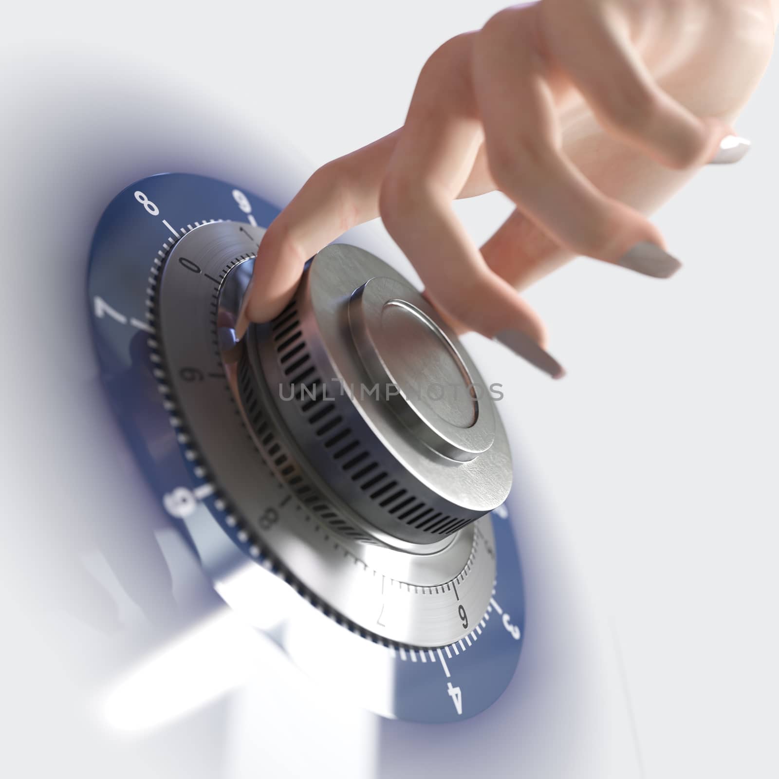 Close up of a safe lock and woman hand conceptual image for security and business by denisgo