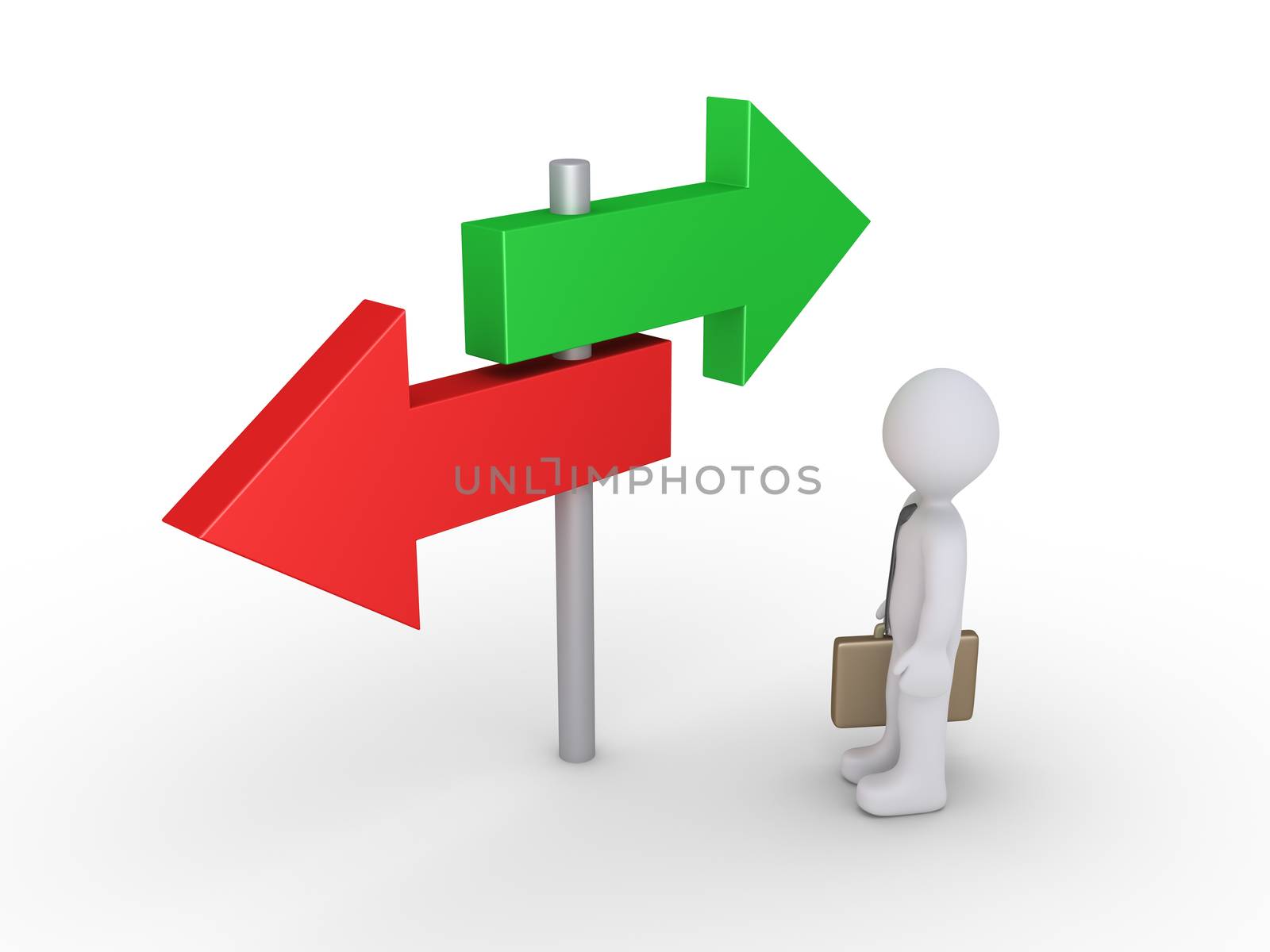 Businessman is looking at two signs pointing at different directions