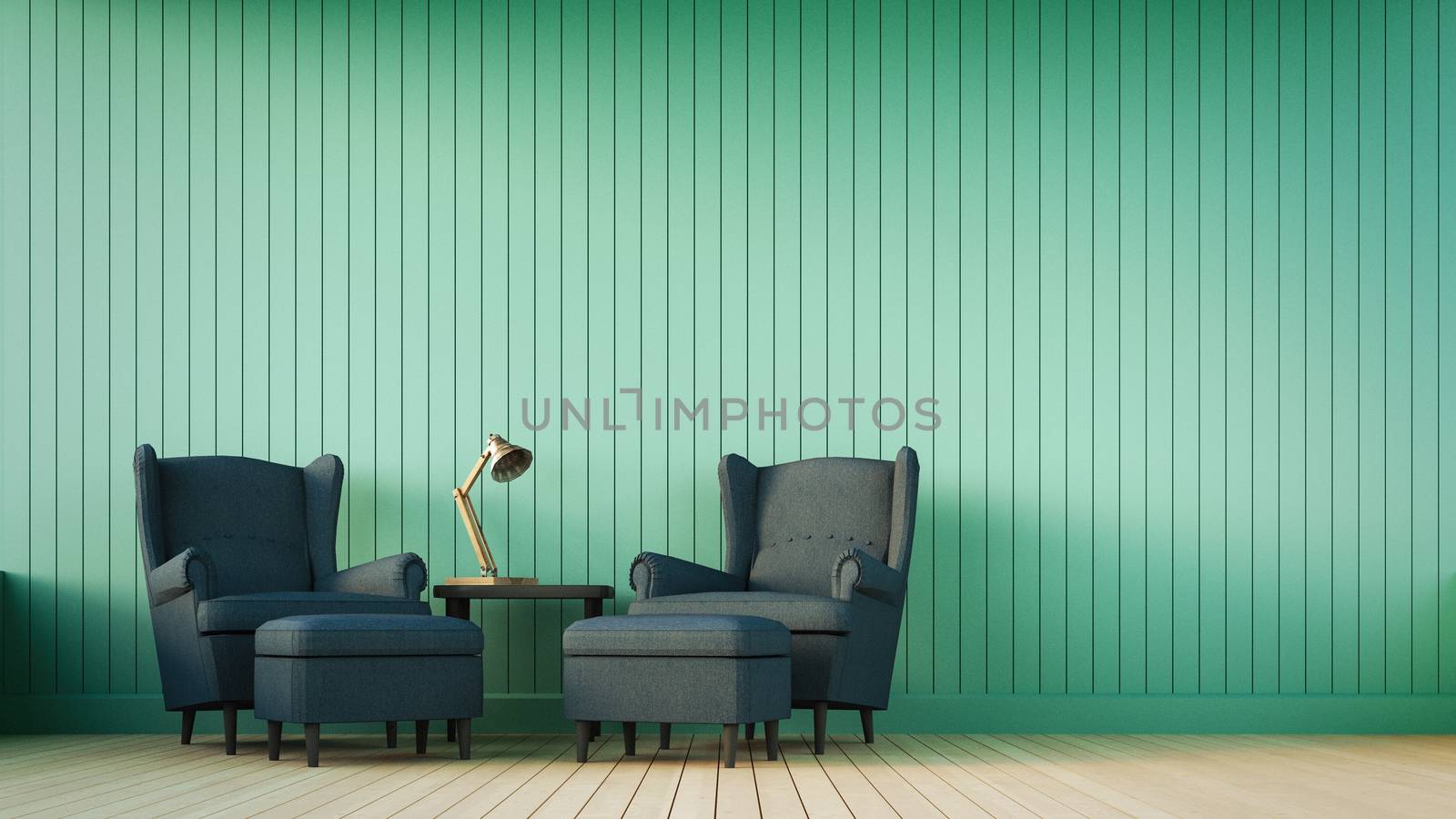 Navy sofa and green wall with vertical stripes