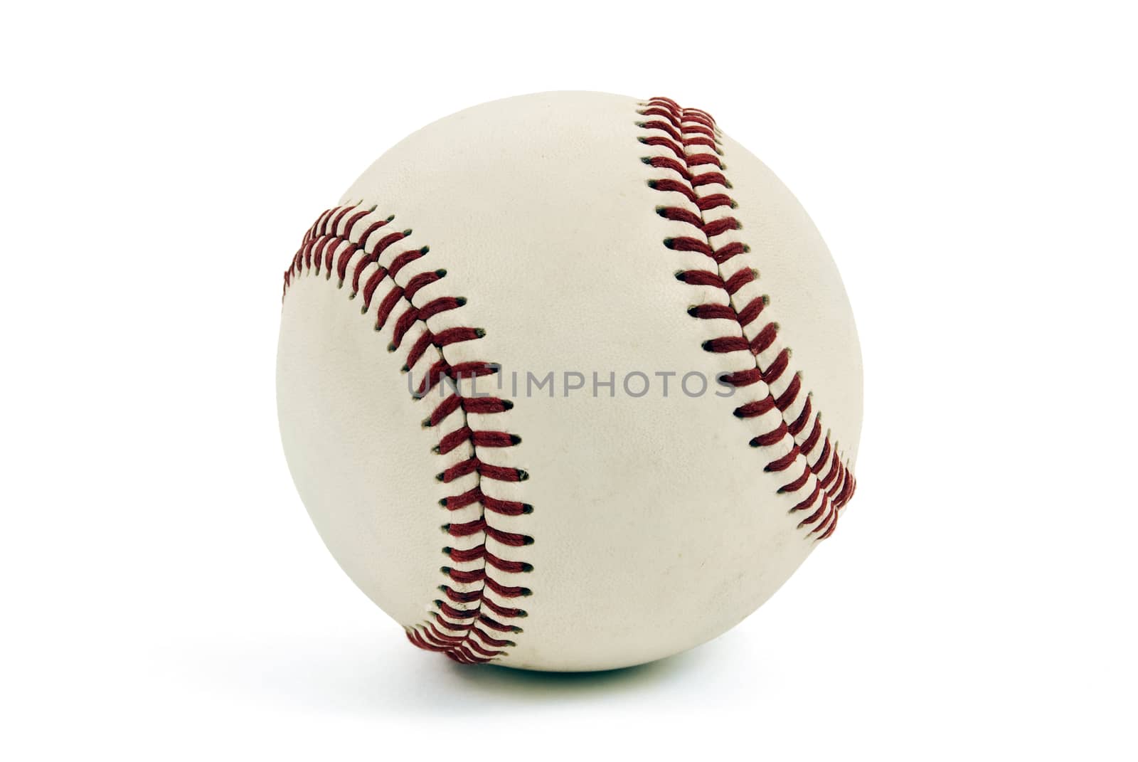 Baseball close up on white background with shadow at base.