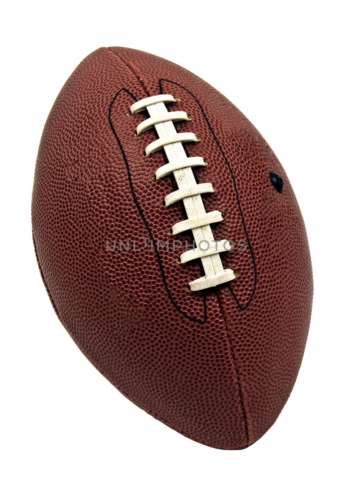Vertical close up shot of an american football isolated on white background