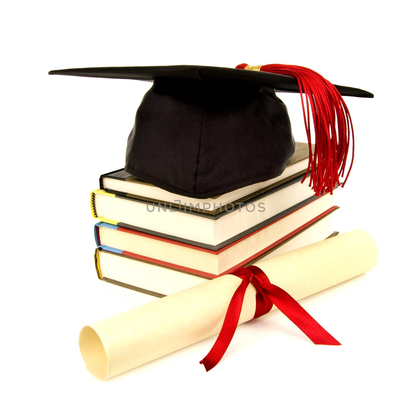 Graduation cap with red tassel, stack of books and diploma on white background