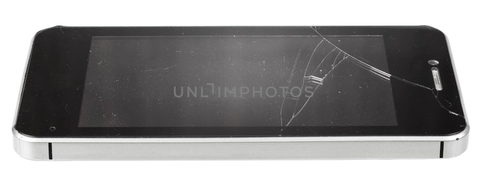 Black broken smartphone on isolated white background
