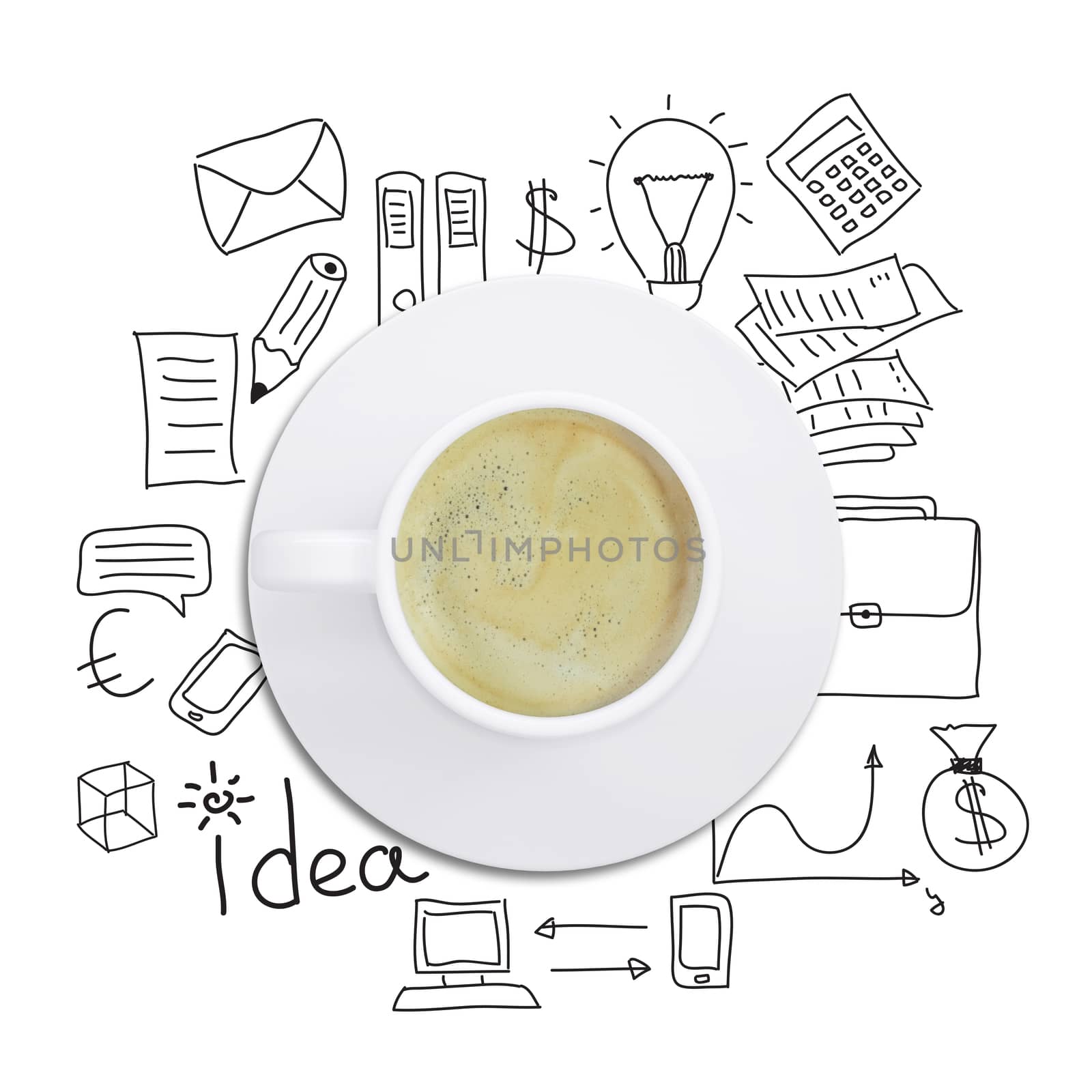 Coffee cup on isolated white background with drawn different symbols