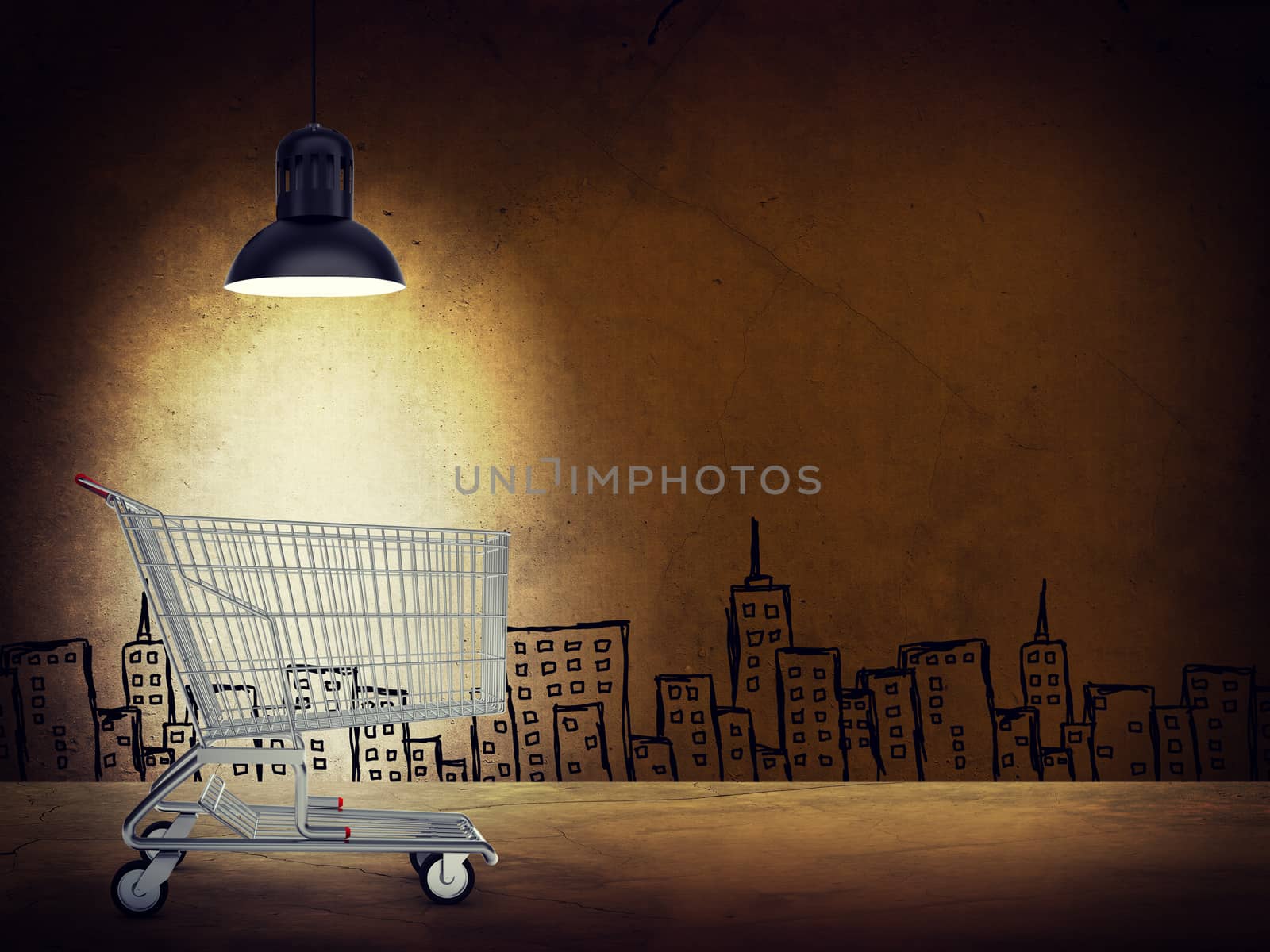 Shopping cart under lamp on wall texture background with drawn city