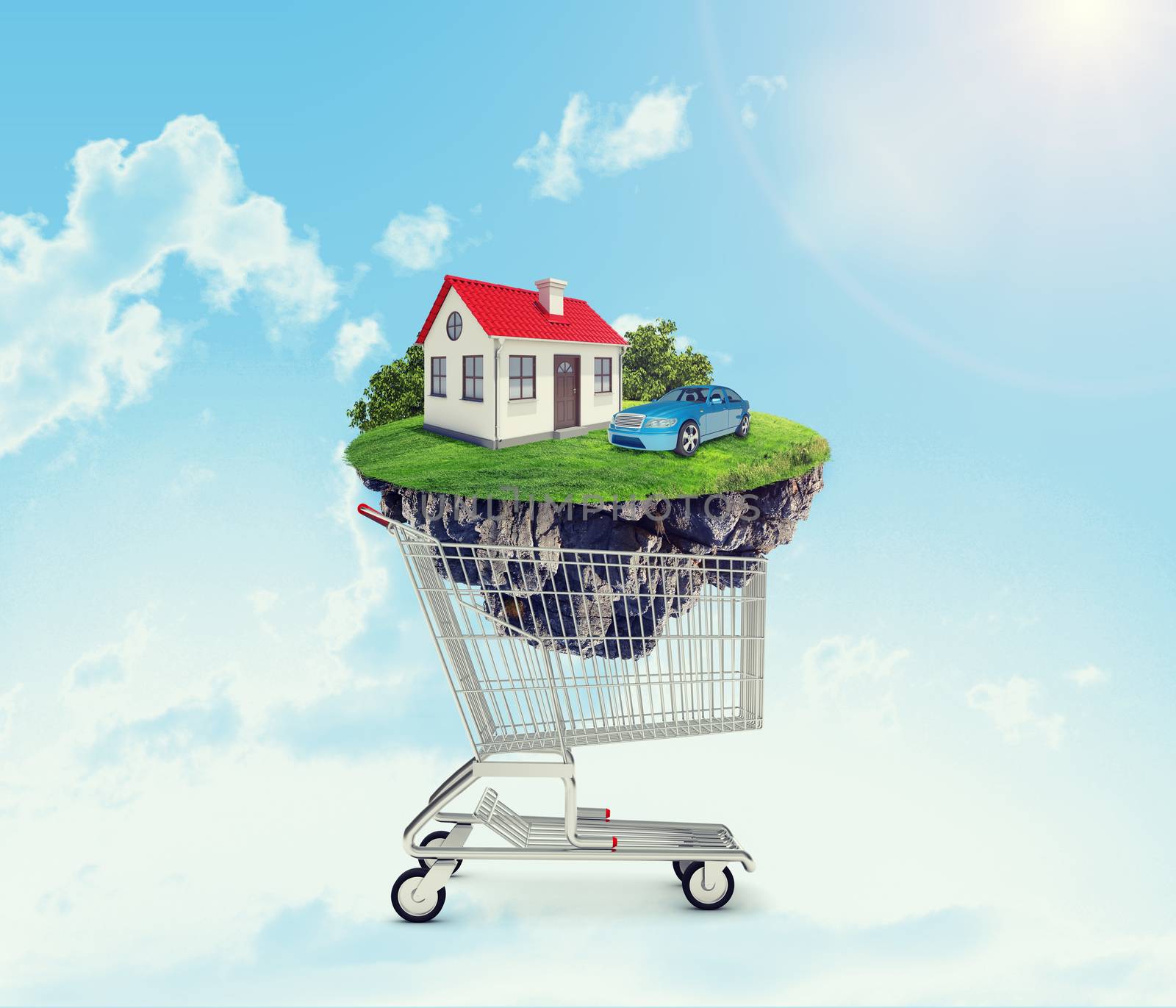 House and car on island in shopping cart on clouds