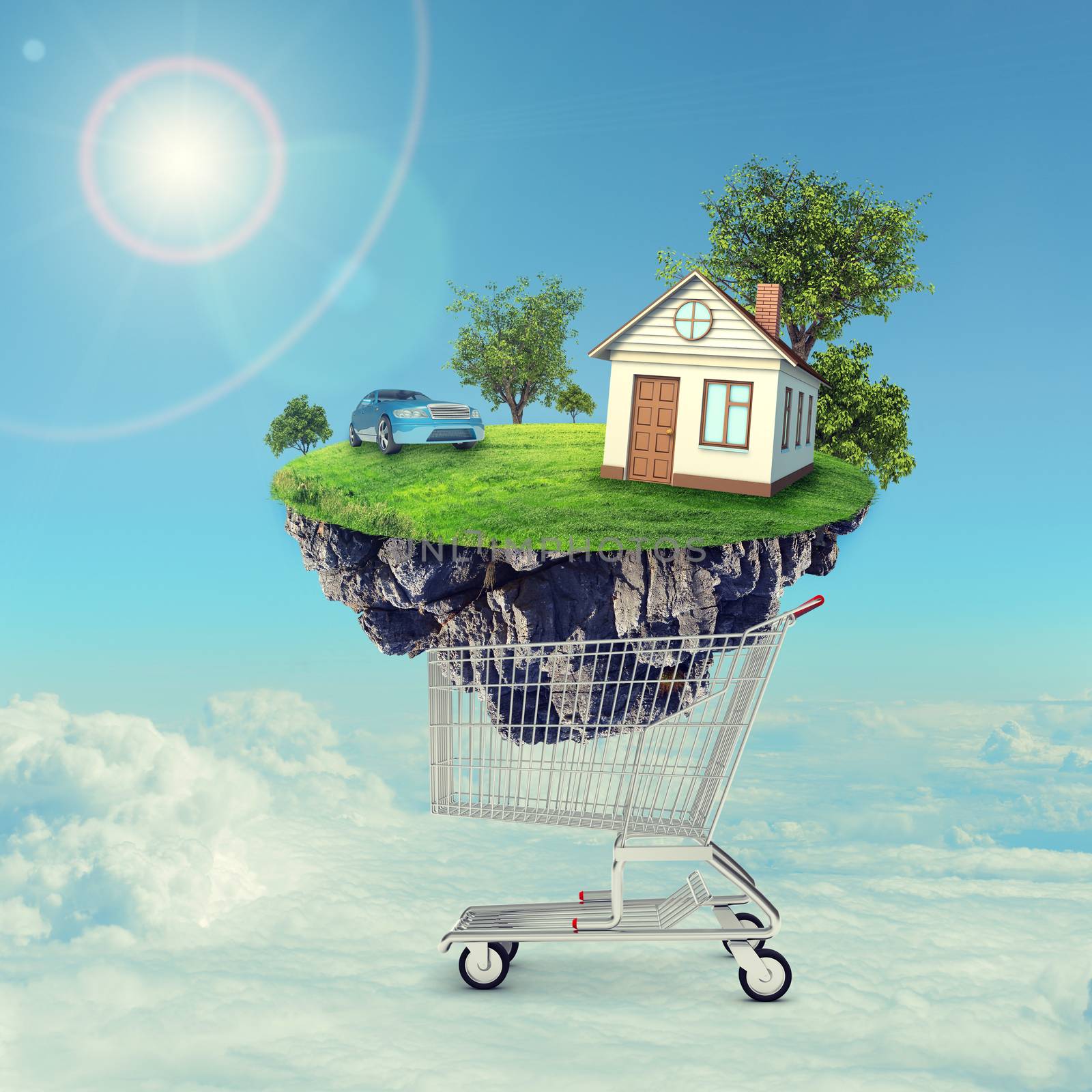 House and car on island in shopping cart by cherezoff