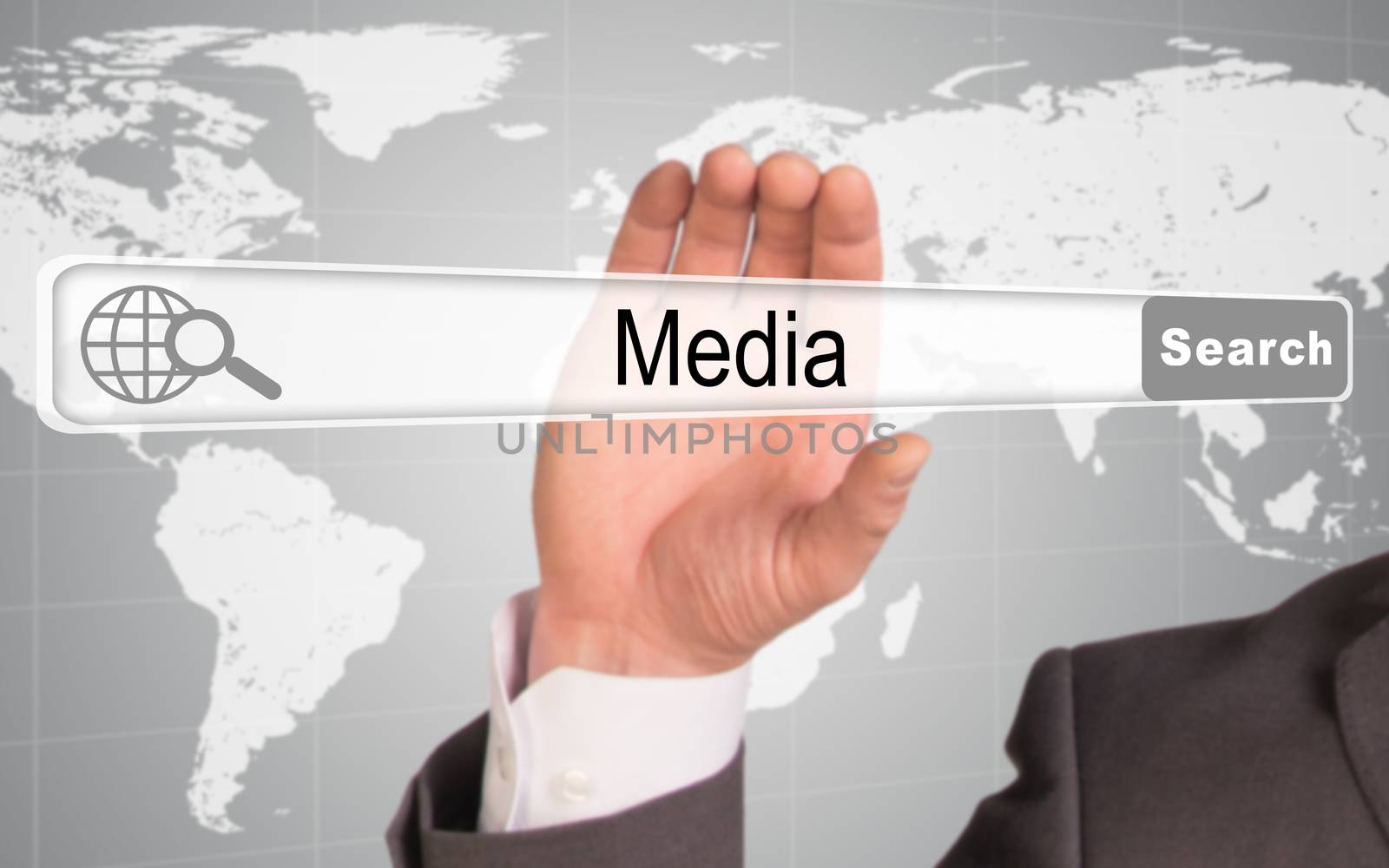 Businessmans hand holding browser with word media on abstract background