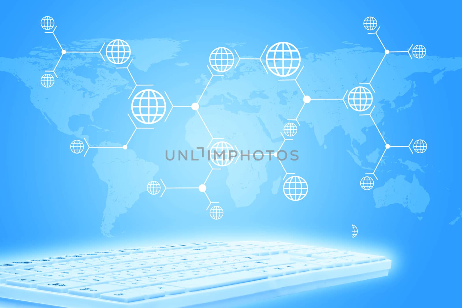 Abstract blue background with keyboard and world map
