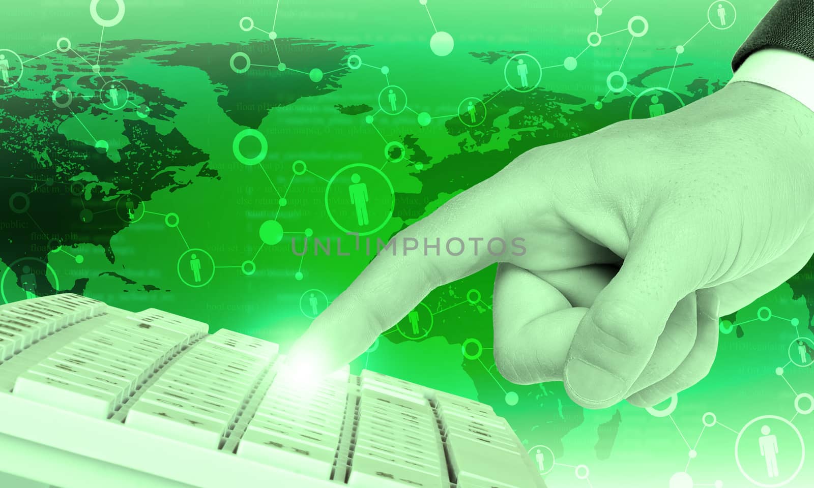 Businessmans finger pressing keyboard on abstract green background with world map