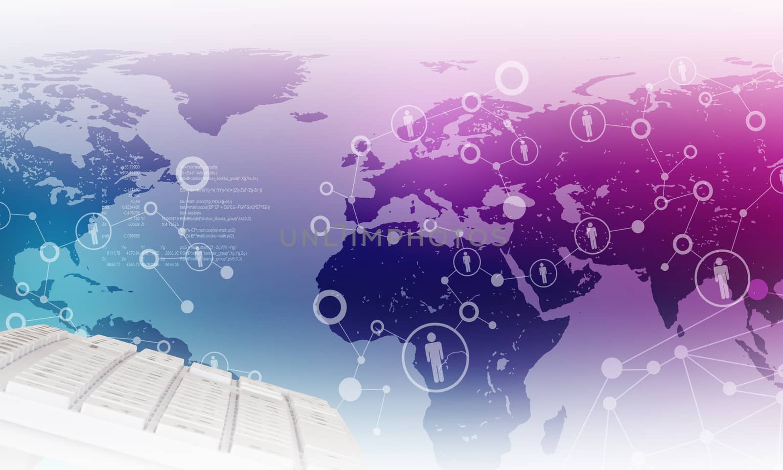 Keyboard on violet world map background by cherezoff