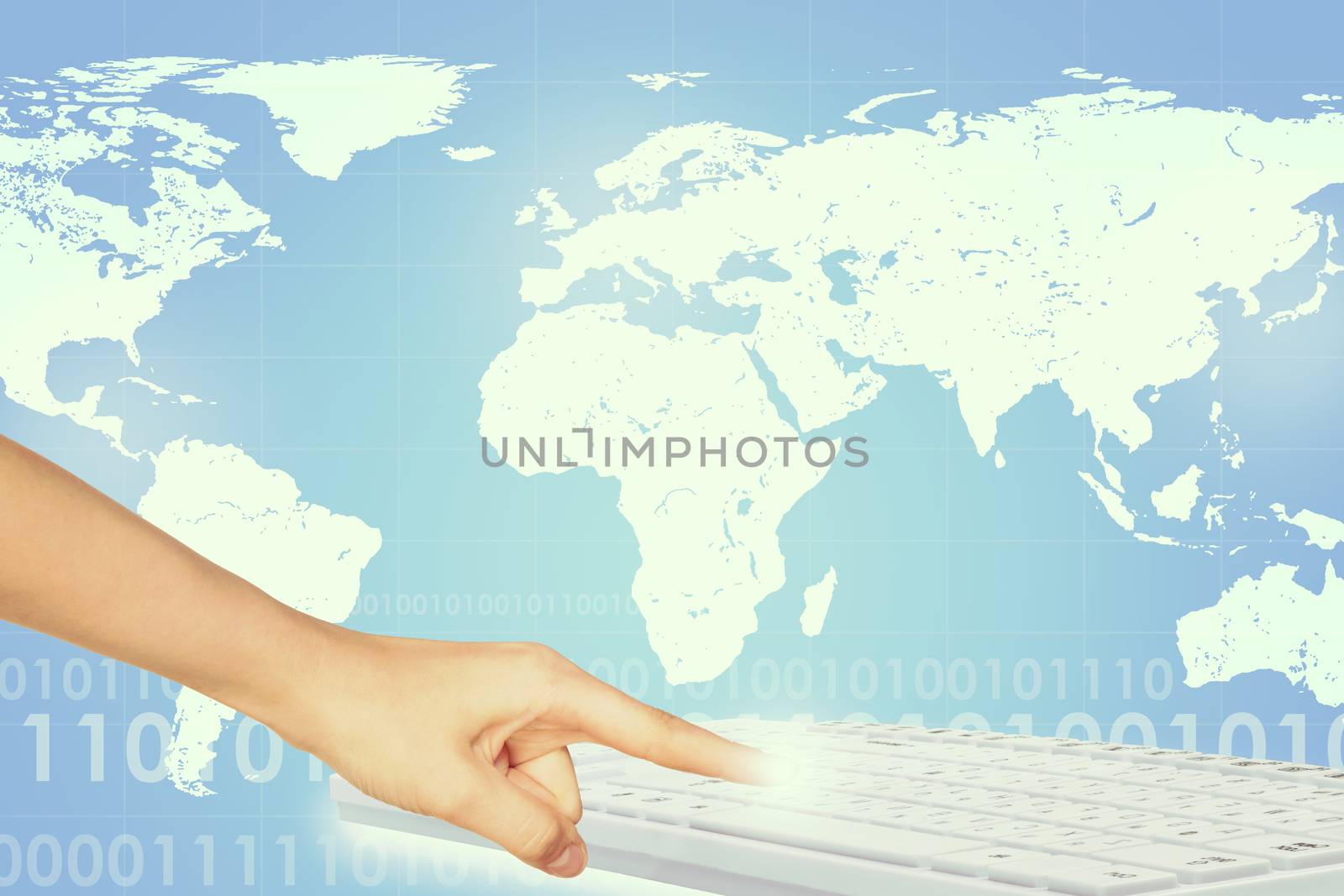 Humans finger touching keyboard on abstract colorful background with world map