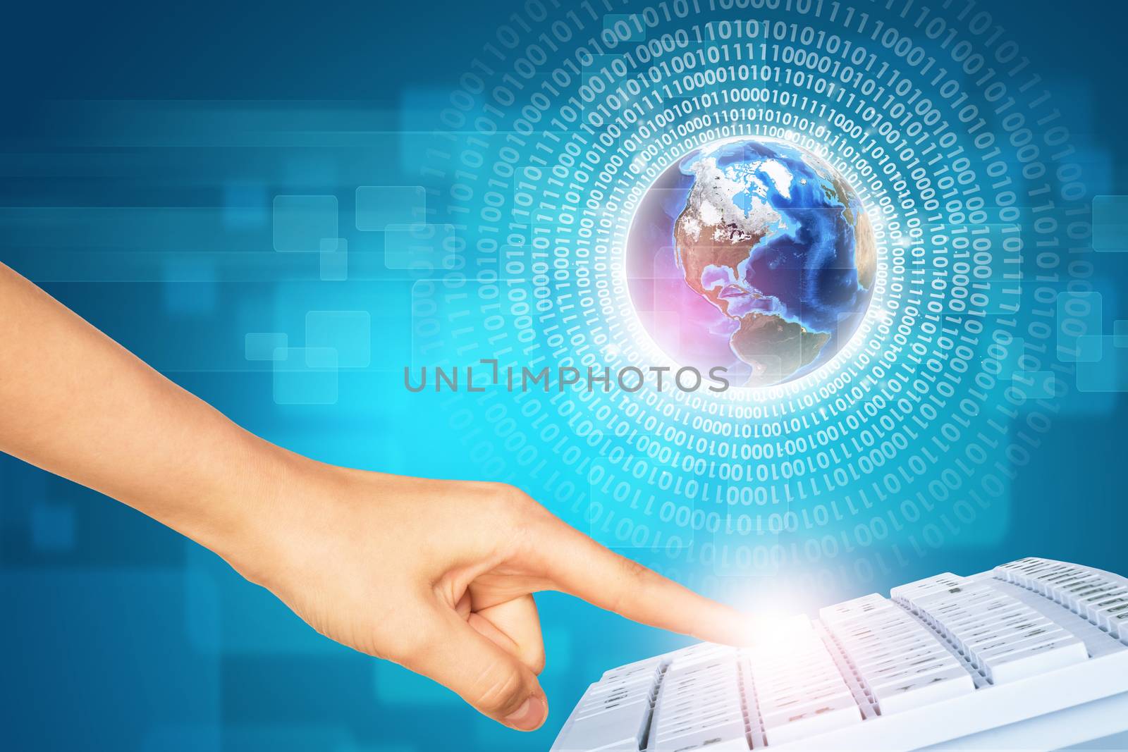 Humans finger touching keyboard on abstract blue background with Earth. Elements of this image furnished by NASA