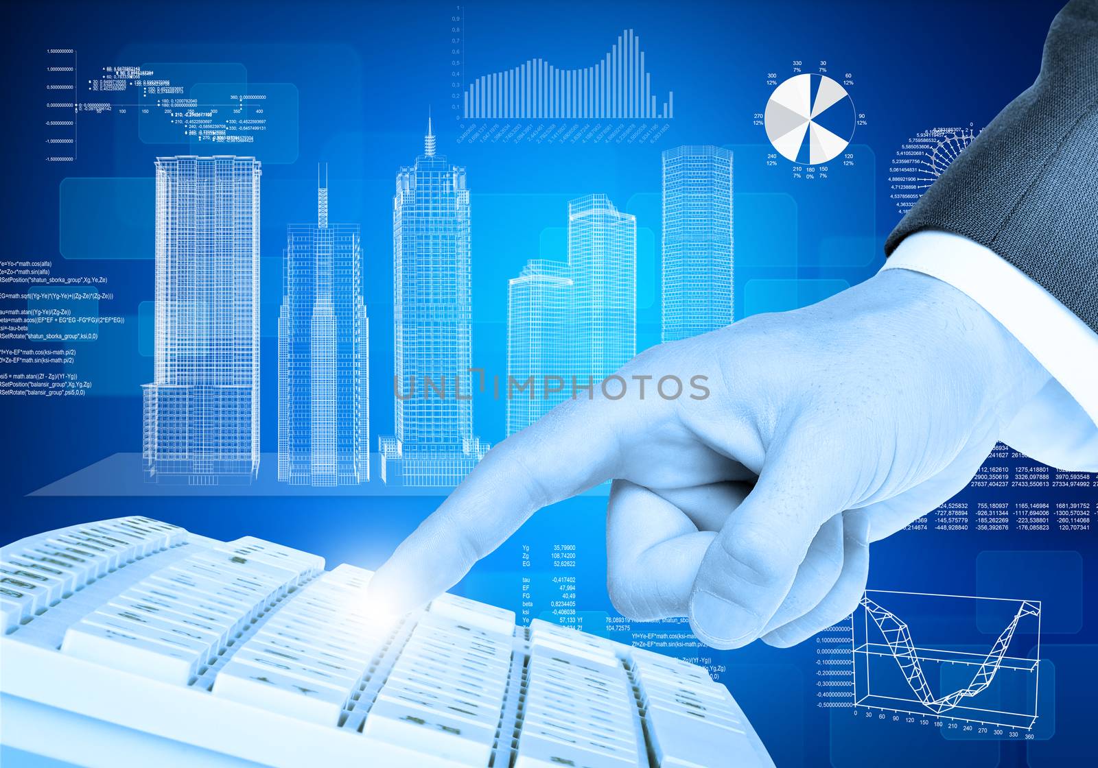 Businessmans right hand touching keyboard on abstract blue background with graphs