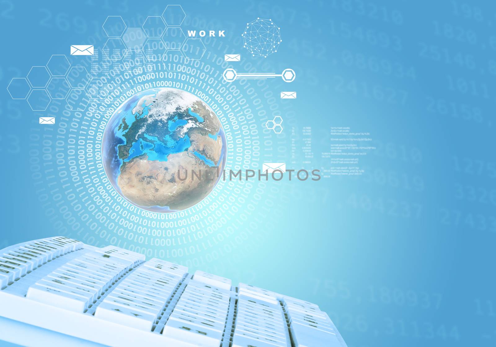 Keyboard with Earth and molecule on abstract blue background. Elements of this image furnished by NASA