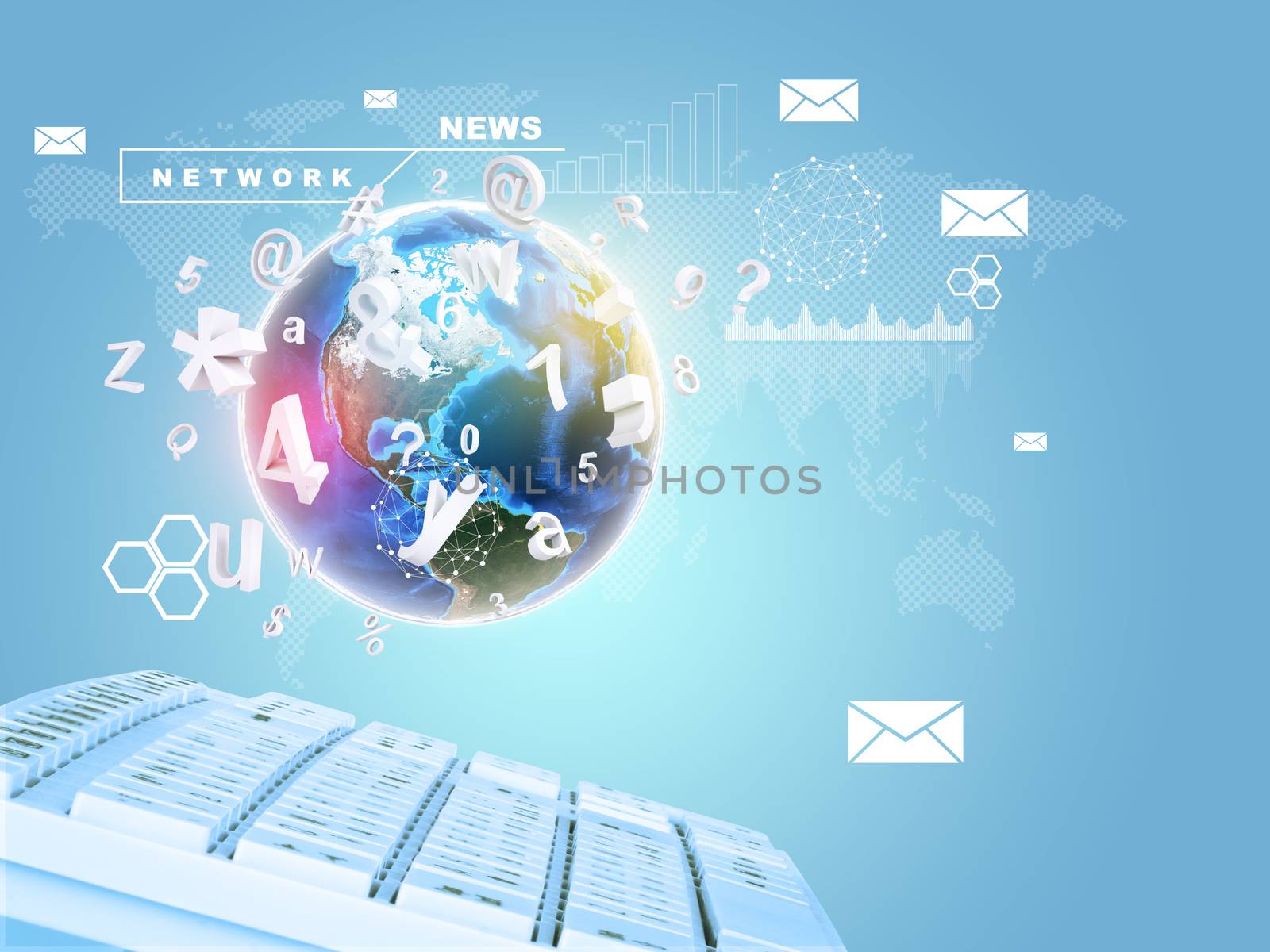 Keyboard with Earth and symbols on abstract blue background. Elements of this image furnished by NASA