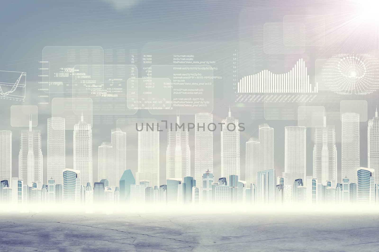 Abstract virtual background with cityscape and graphical charts