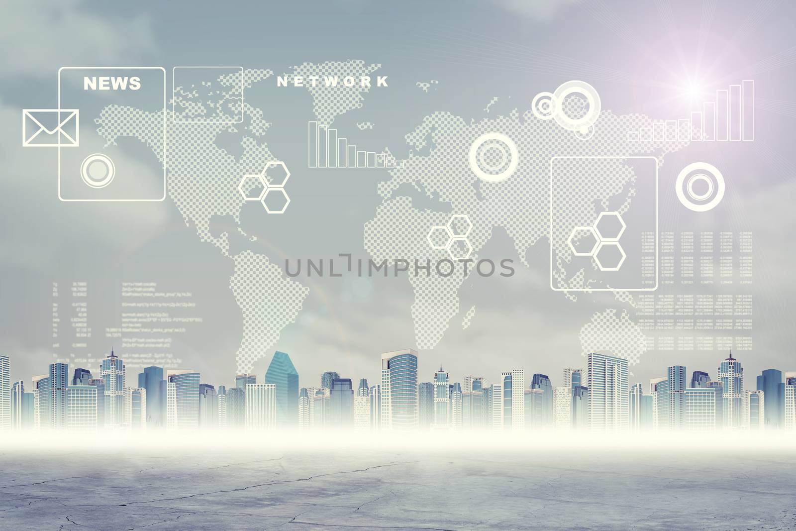 Abstract virtual background with cityscape, world map and graphical charts