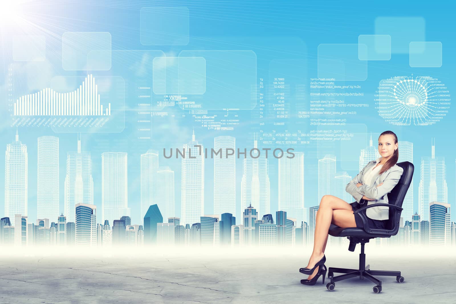 Young lady in chair with crossed arms and looking at camera on abstract virtual background with graphs