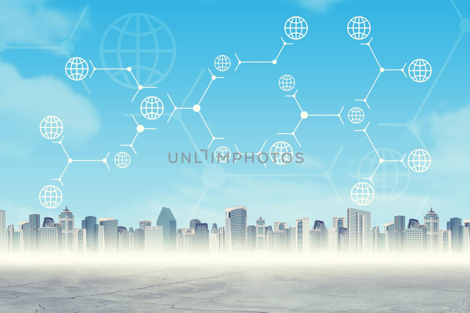Abstract virtual background with cityscape and connected dots