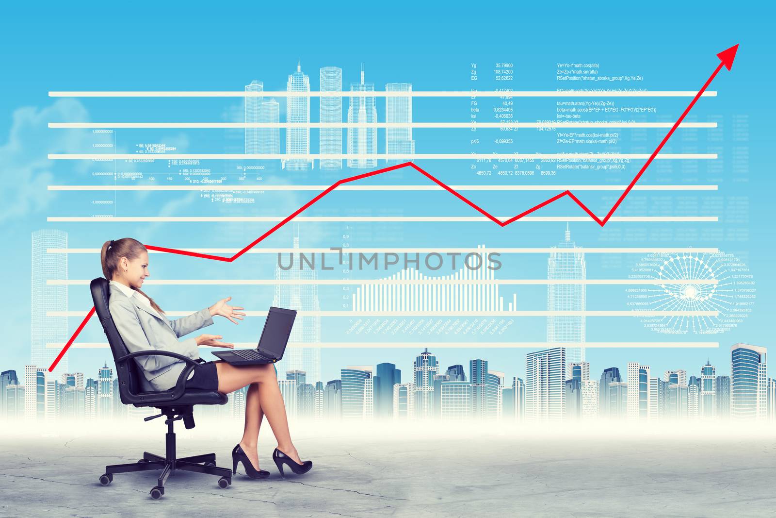 Smiling woman sitting in chair working on laptop on abstract virtual background with graphs