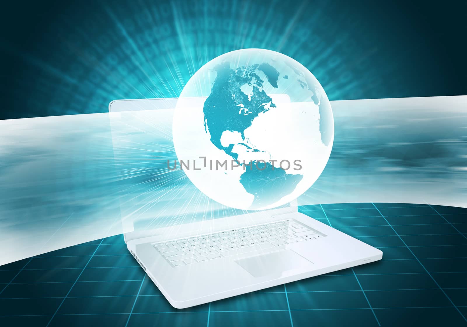 Virtual laptop and Earth with wide line on abstract background. Elements of this image furnished by NASA