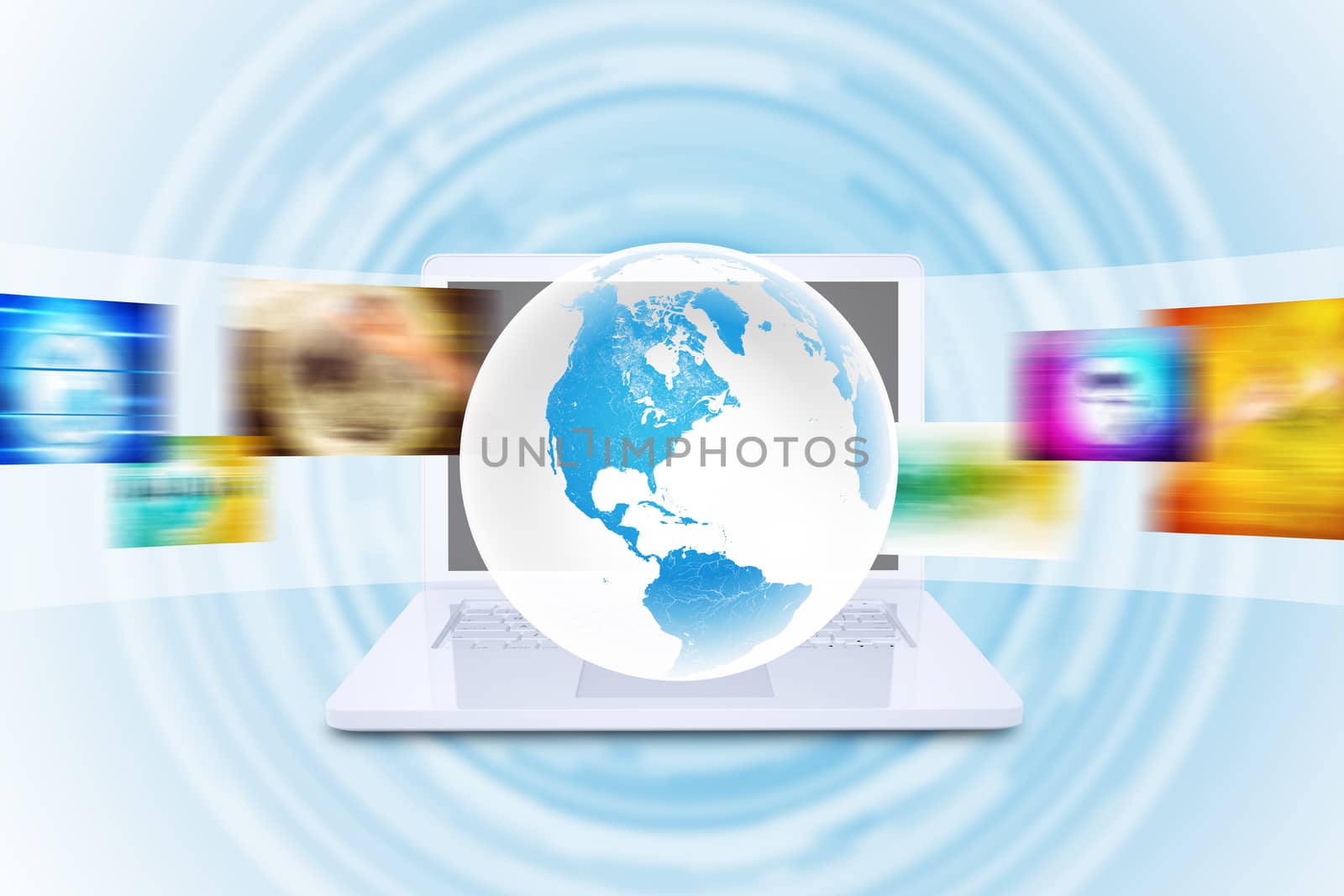 Virtual Earth on white laptop with wide virtual tape with pictures on abstract background. Elements of this image furnished by NASA