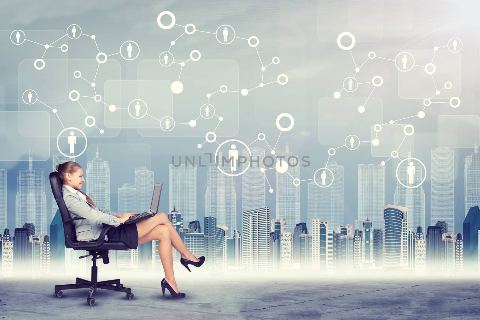 Happy woman sitting in chair with laptop on abstract virtual background with connected dots and icons