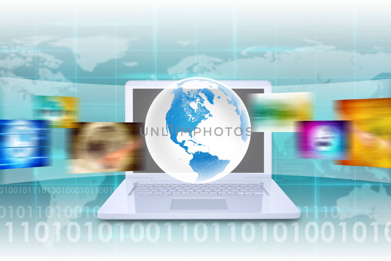 Virtual Earth on white laptop and wide virtual tape with pictures on abstract background with world map. Elements of this image furnished by NASA