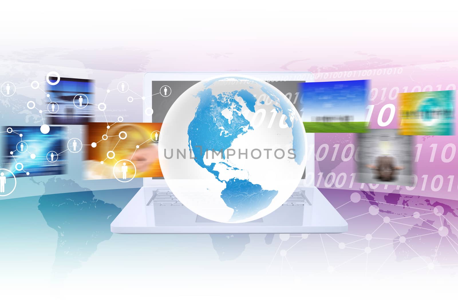 Virtual Earth on white laptop and wide virtual tape with pictures on abstract background with colorful world map. Elements of this image furnished by NASA