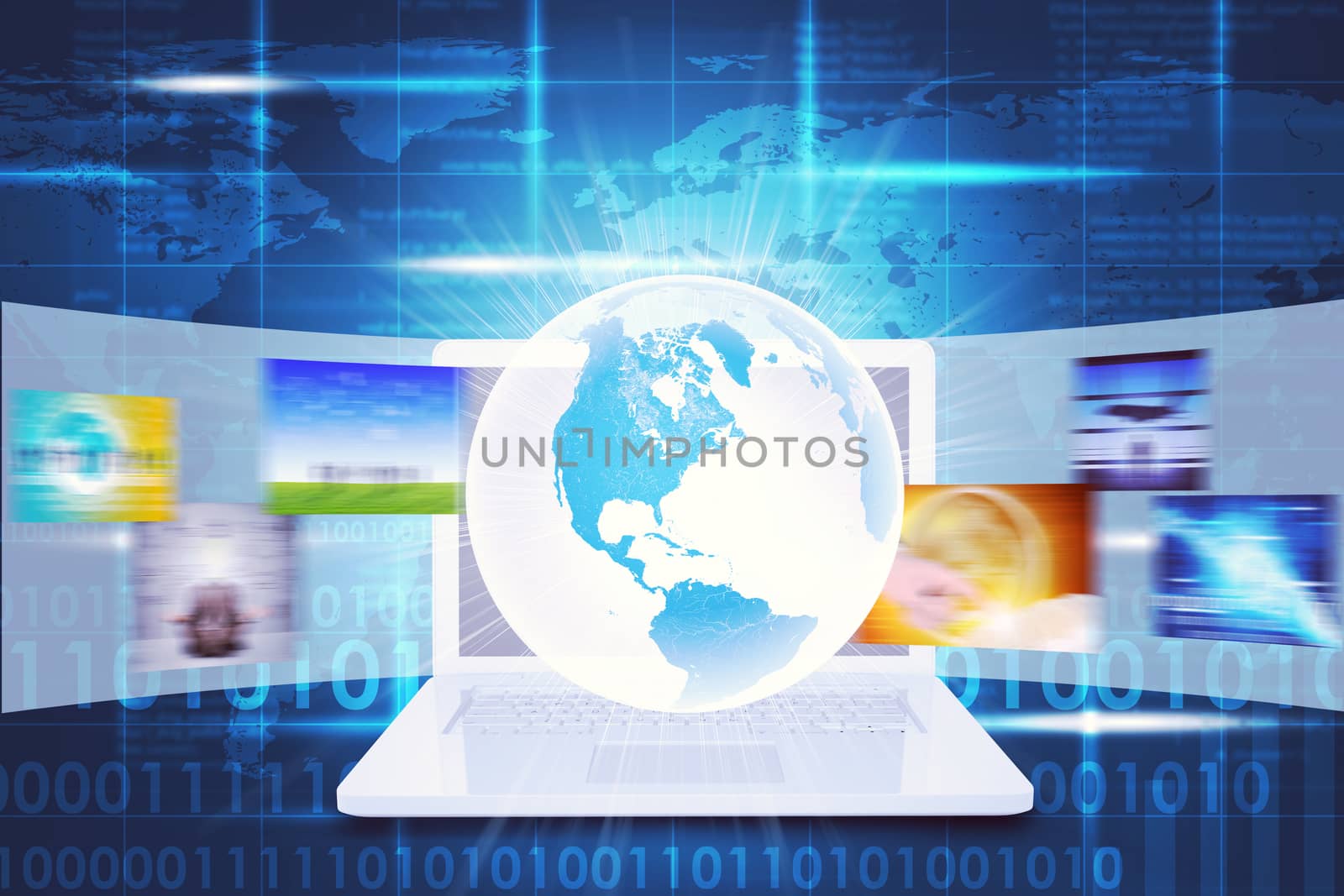 Glowing Earth on white laptop and wide virtual tape with pictures on abstract background with colorful world map. Elements of this image furnished by NASA